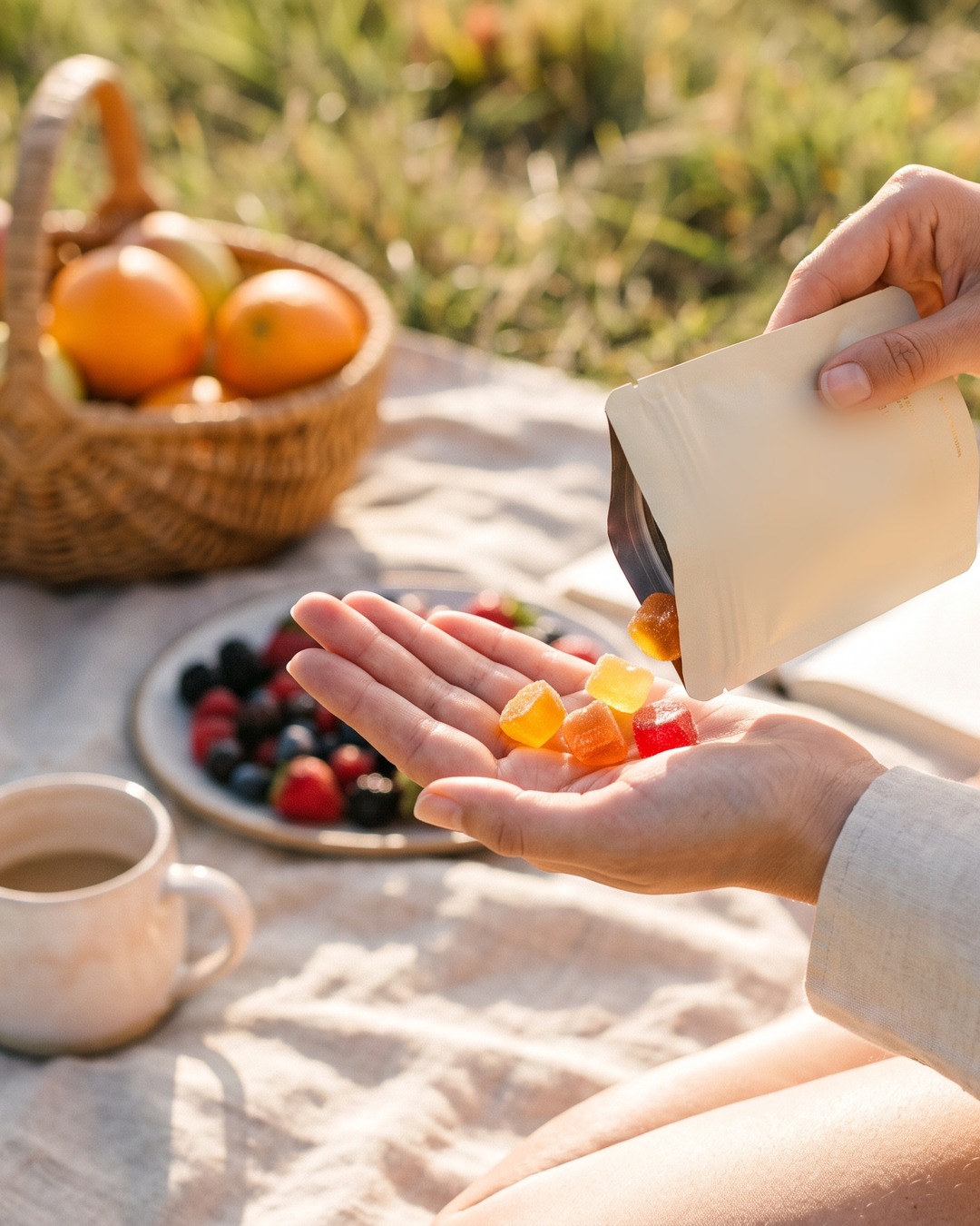 A sunlit picnic, tipping colorful Gushy gummies into an open palm