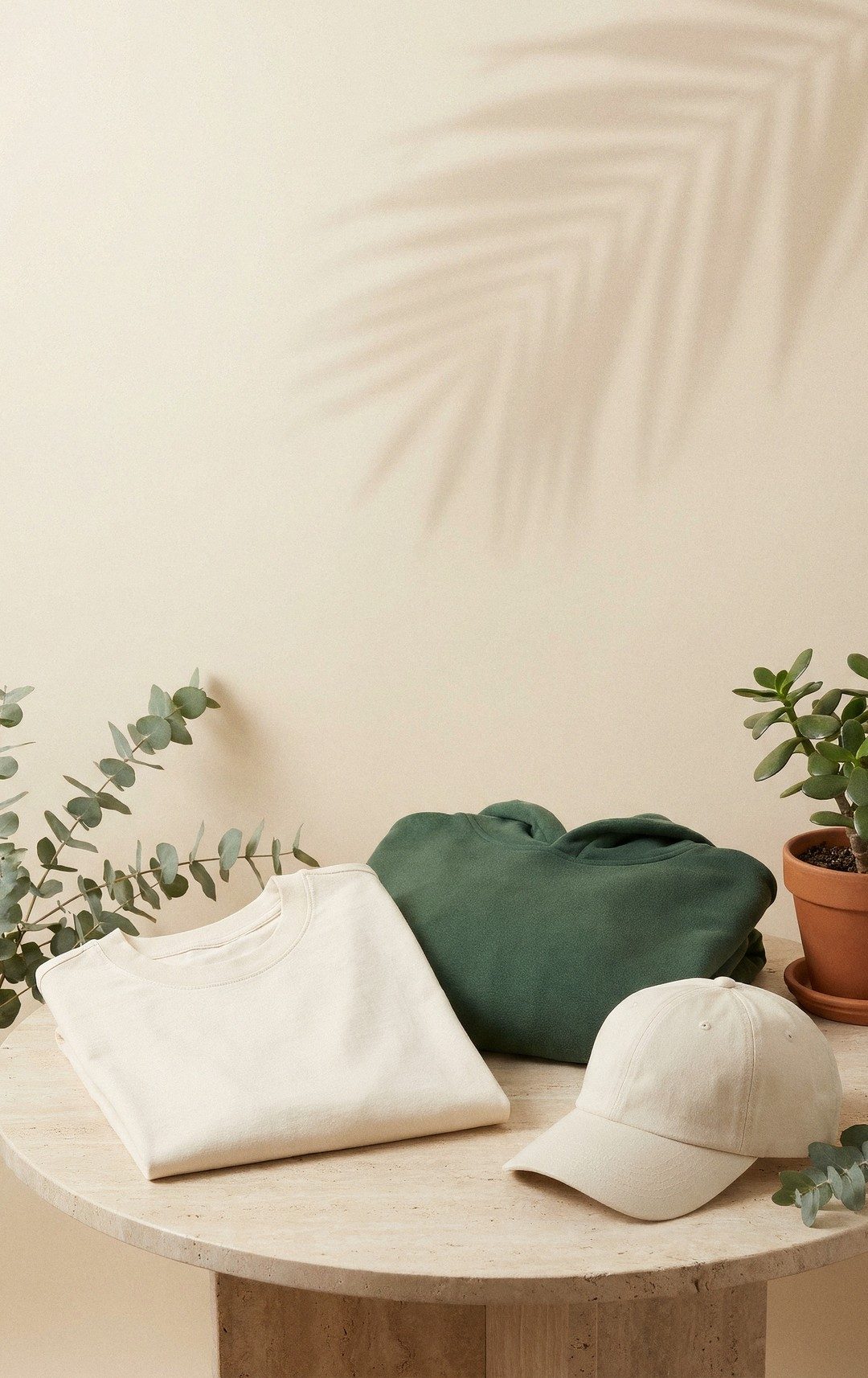 Gushy apparel styled on a travertine plinth: a folded cream tee, a forest-green hoodie and a cream cap