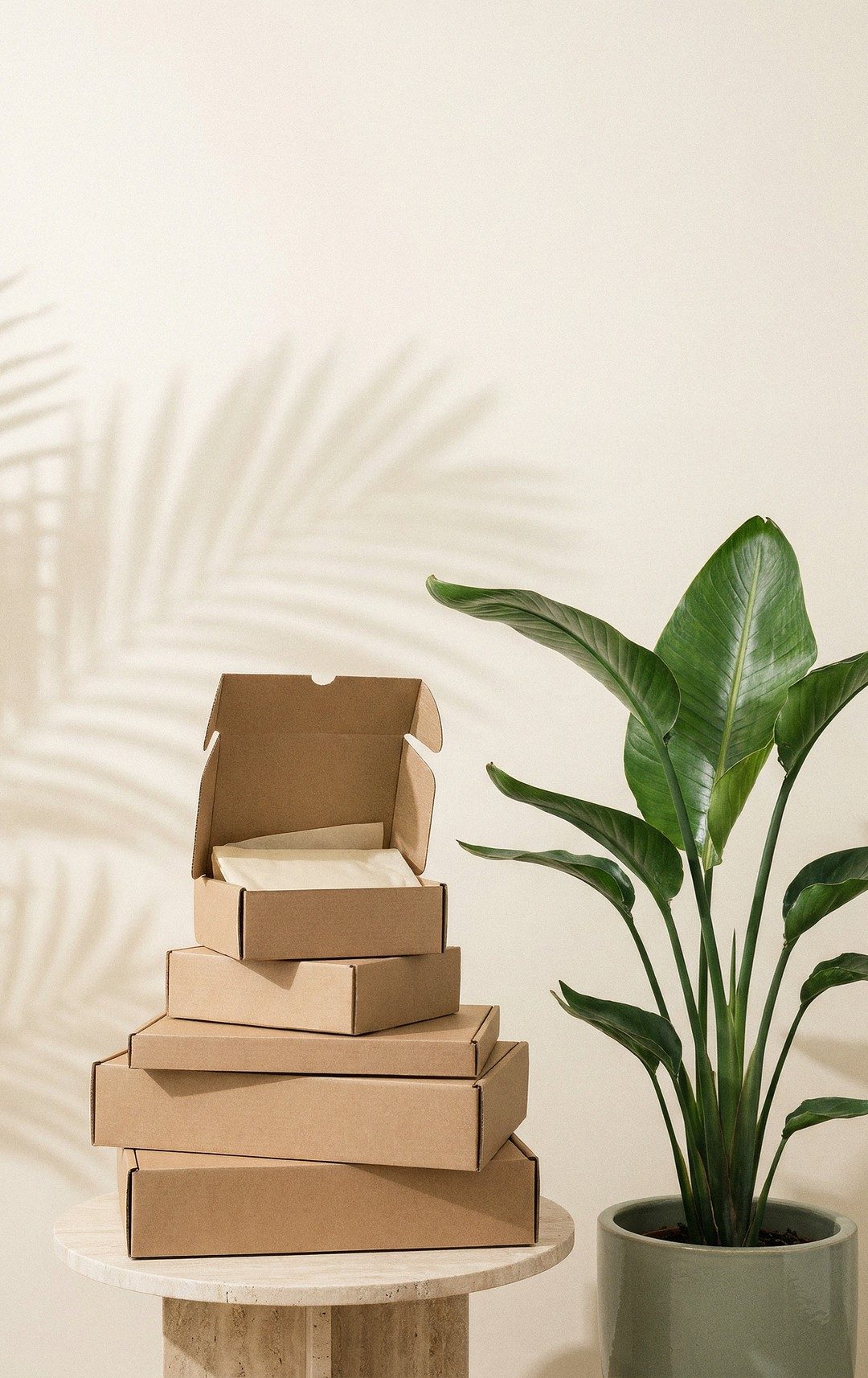 A tidy stack of shipping boxes on a travertine plinth beside a bird-of-paradise plant