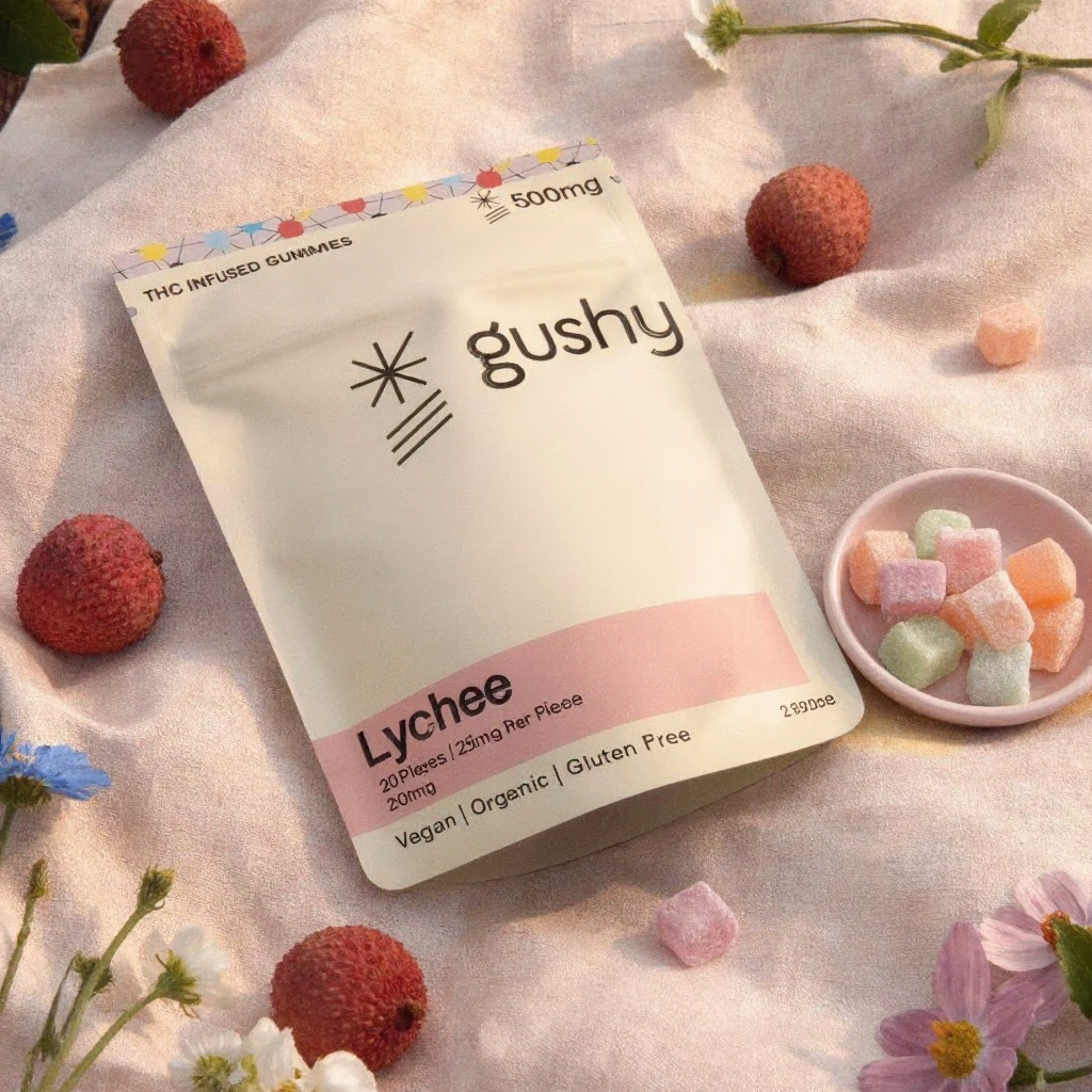 Lychee gummies pouch in a pastel picnic flat-lay