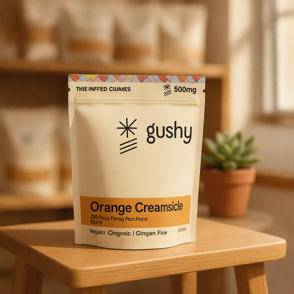 Orange Creamsicle gummies pouch on a dispensary shelf