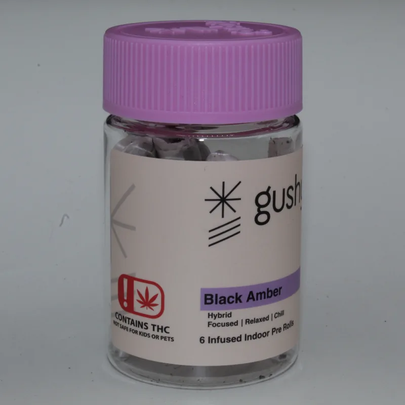 Black Amber jar with its lilac lid, label reading Hybrid, Focused, Relaxed, Chill