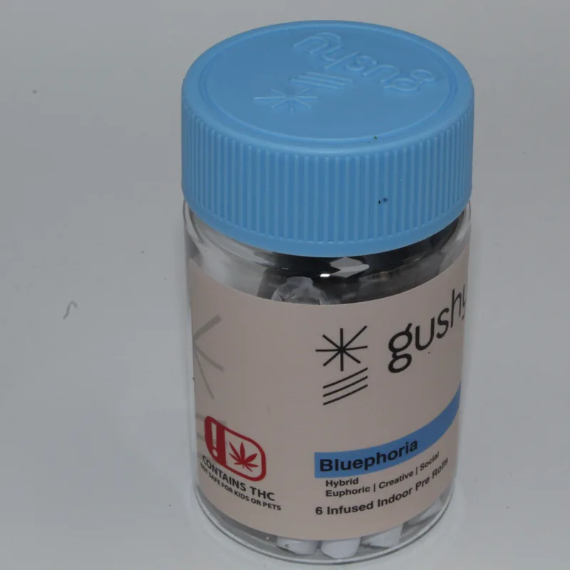 Bluephoria jar with its blue lid, label reading Hybrid, Euphoric, Creative, Social