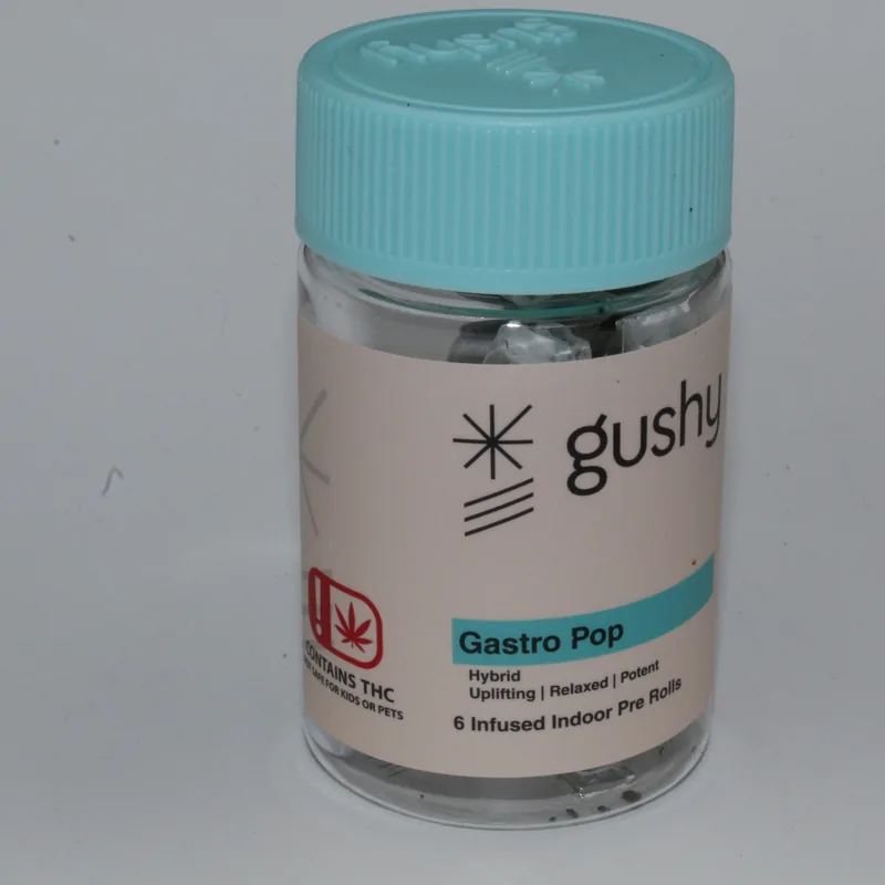Gastro Pop jar with its aqua lid, label reading Hybrid, Uplifting, Relaxed, Potent