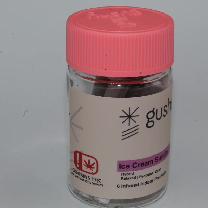 Ice Cream Sundae jar with its pink lid, label reading Hybrid, Relaxed, Peaceful, Calm