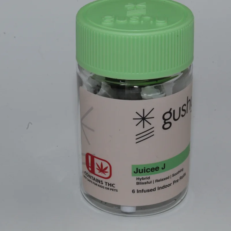 Juicee J jar with its green lid, label reading Hybrid, Blissful, Relaxed, Soothing