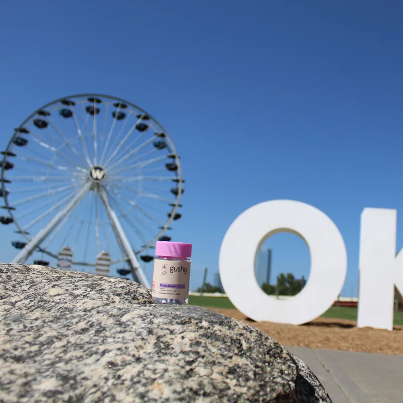 A Black Amber jar on a rock by the big OKC letters, a Ferris wheel behind it