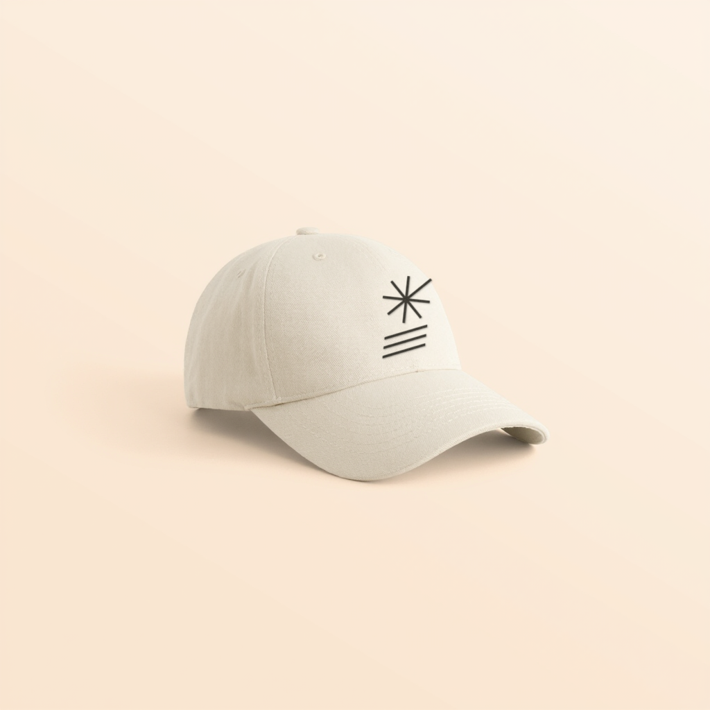 Cream dad hat embroidered with the full Gushy logo, the sun burst over three stripes