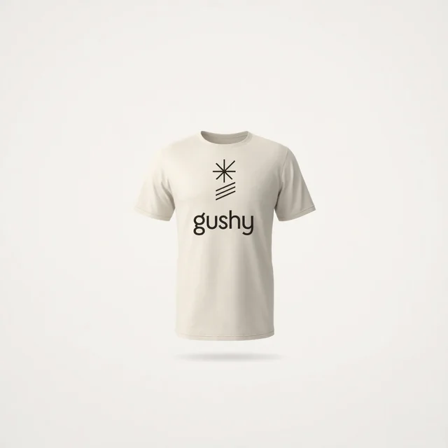 Cream gushy t-shirt with the black logo on the chest