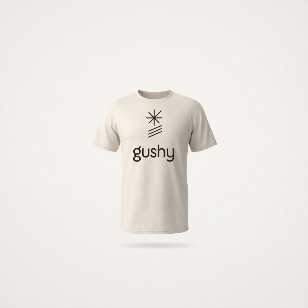 Cream gushy t-shirt with the black logo on the chest